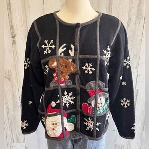 Vintage Santa Snowman Reindeer Cardigan Sweater‎ large embroidery knit whimsical